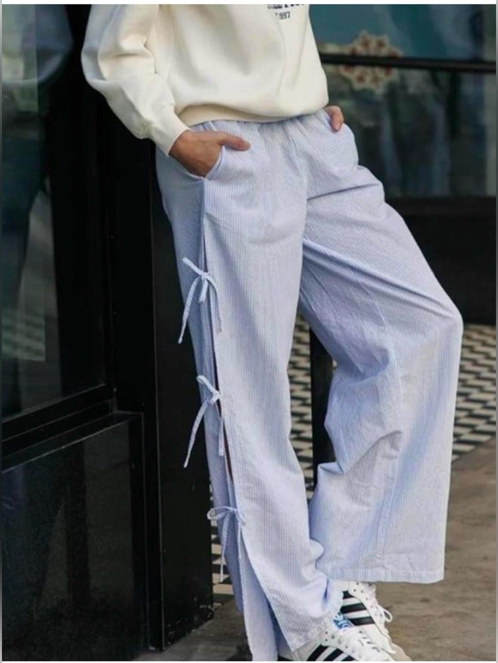 Cali1850 Light Blue & White Pull On Wide Leg Cotton Beach Tie-Detail Pants Sz M